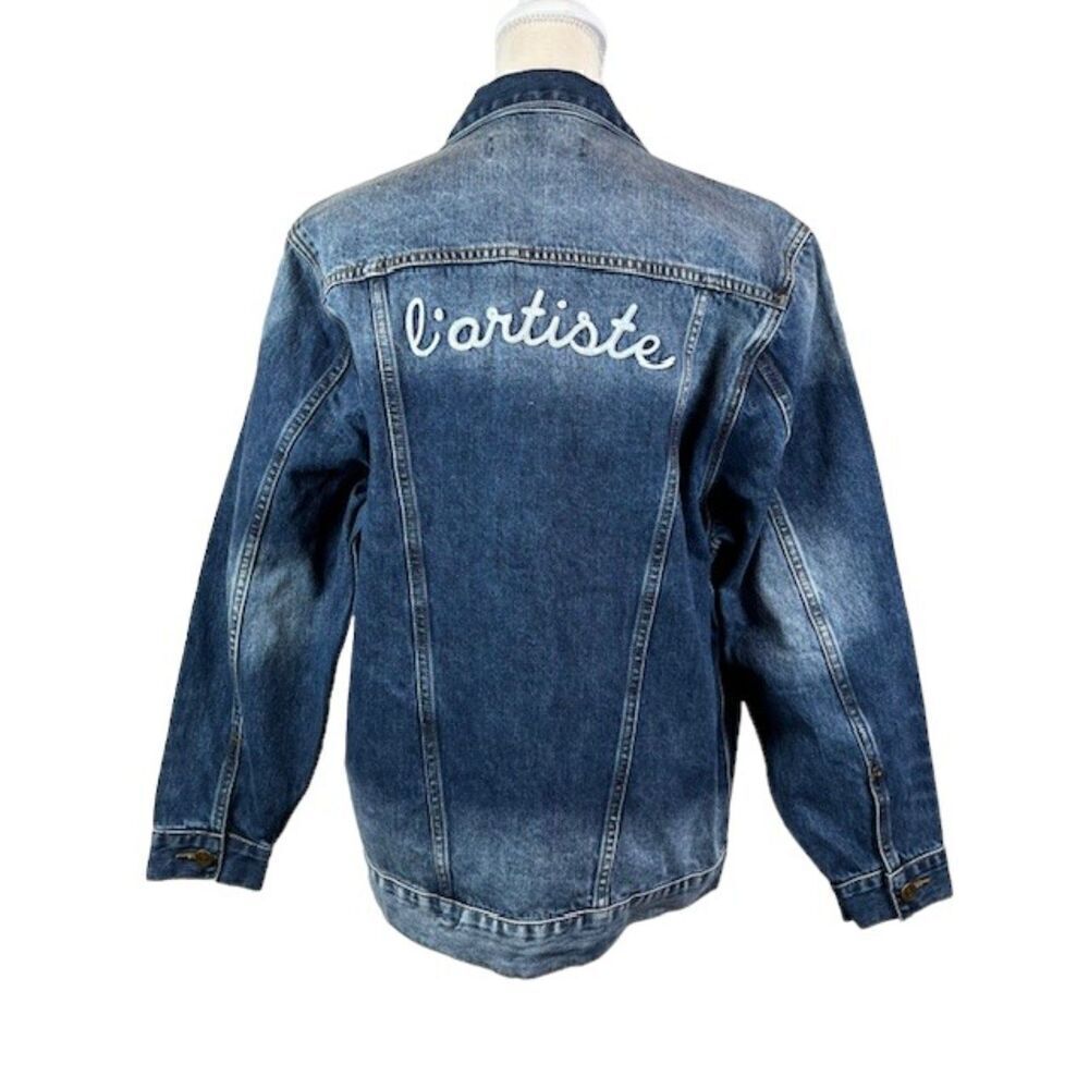 NWT Free‎ People X Sandrine Rose Oversized Denim Jacket "Not Yours" "L'Artiste" - Picture 2 of 12